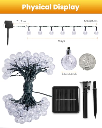 Solar crystal globe outdoor string light, 36ft 60 LED, 8 modes