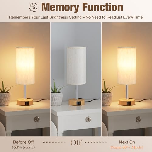 Touch control bedside table lamp with dual USB charging ports, wood