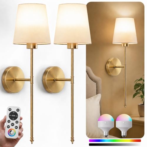 Gold Fabric Shade Wall Sconce Duo, Rechargeable with Remote for Decor
