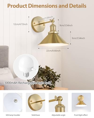 Gold vintage wireless wall sconces, set of 2, farmhouse decor