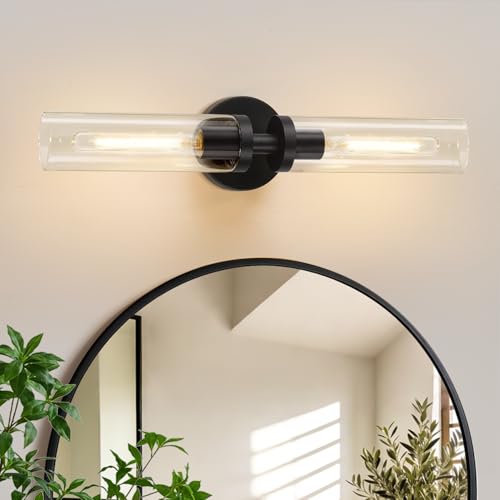 Matte black hardwired wall sconces with clear glass for decor