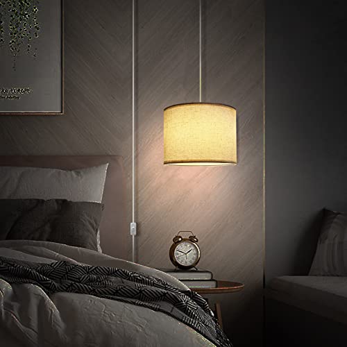 Plug-In Fabric Shade Pendant Light with 15Ft Cord for Home Decor