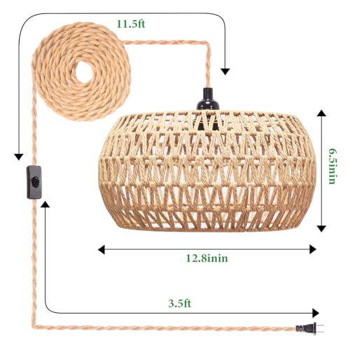 Rattan Woven Shade Plug-In Pendant Light for Farmhouse Decor
