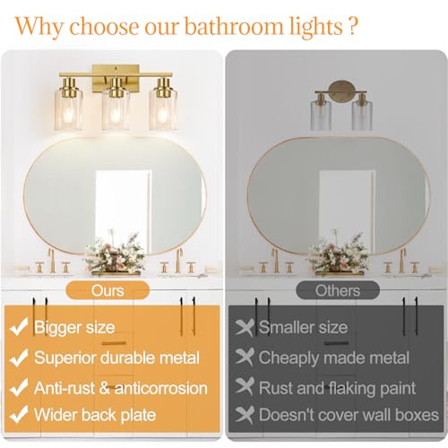 Brushed gold 3-light bathroom vanity fixture for home decor