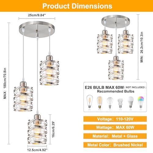 Brushed Nickel 3-Light Cluster Pendant with Glass Shades for Kitchen Decor