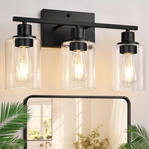 3-light matte black vanity wall lamp with clear glass shade decor