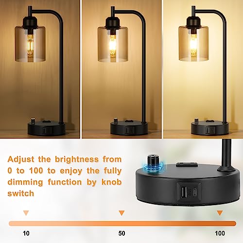 Industrial nightstand lamp set of 2 with amber glass shade