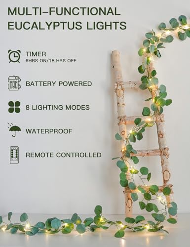 Eucalyptus garland string light, battery-operated, 33 ft, 100 LEDs
