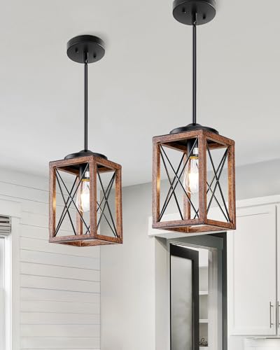 2-Pack Wood Grain Farmhouse Pendant Lights for Kitchen Decor