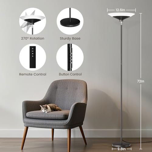 72-inch torchiere floor lamp with dimmable 3000-6500K LED and remote control