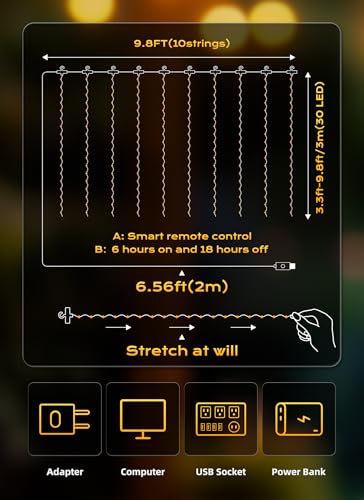 Warm white 300-LED curtain string light, 9.8 x 9.8 ft, 2-pack