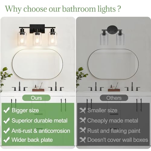 3-light matte black vanity wall lamp with clear glass shade decor