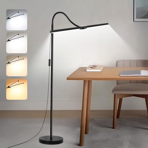 Double-head LED floor lamp with adjustable gooseneck and dimmable eye-care lighting