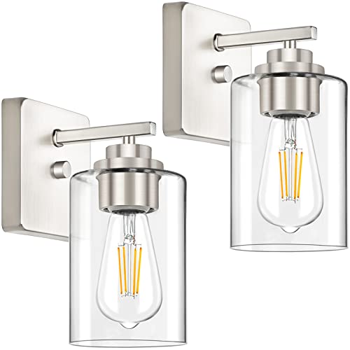 Set of 2 brushed nickel farmhouse wall sconces with glass shade decor