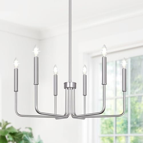 6-light brushed nickel farmhouse chandelier for dining room and hall decor