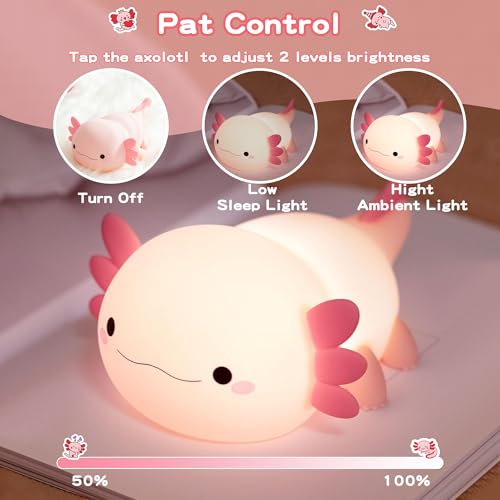 Dimmable silicone axolotl night light, rechargeable touch lamp