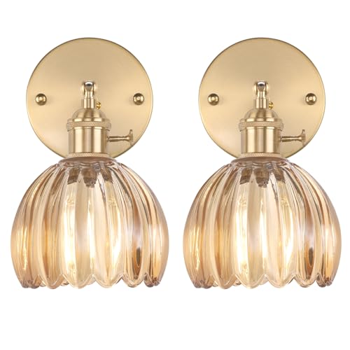 Adjustable brass wall sconce set with amber glass for home decor