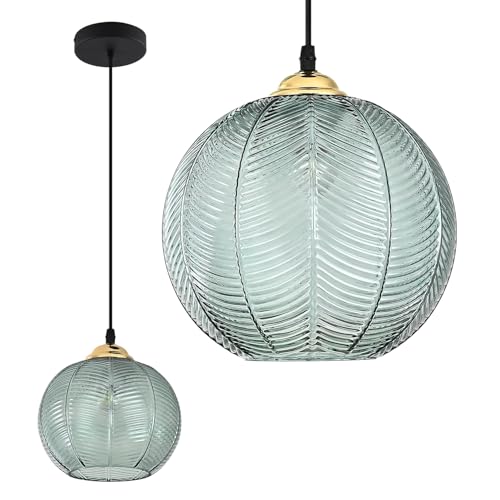Nordic Green Ribbed Glass Pendant Light for Kitchen Island Decor