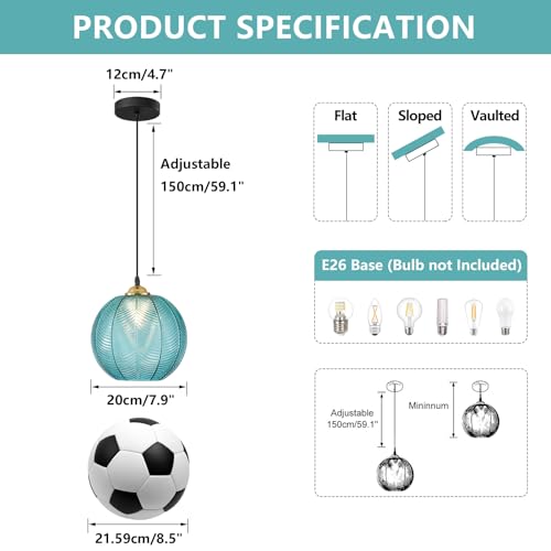 Blue Glass Globe Pendant Light, Black Round Fixture for Kitchen Decor