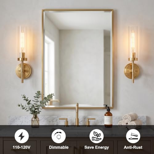 Set of 2 brushed brass hardwired wall sconces for mirror and hallway decor