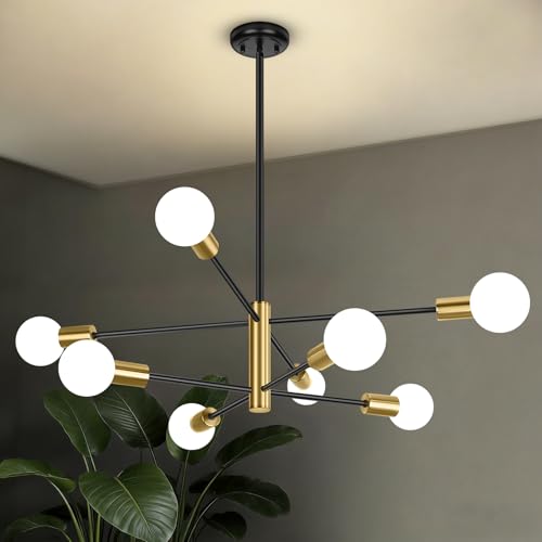 8-light black & gold Sputnik chandelier, height-adjustable decor