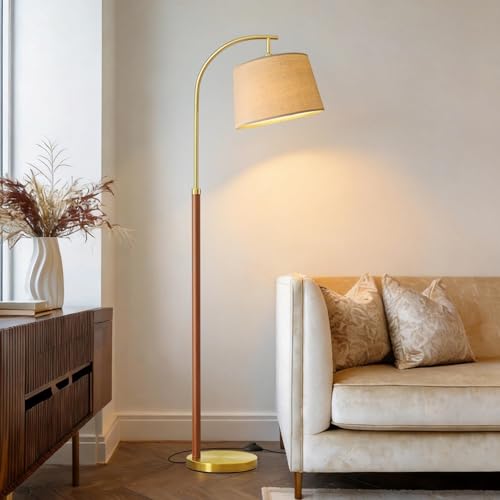 62.5-inch wood arc floor lamp with foot switch, mid-century gold