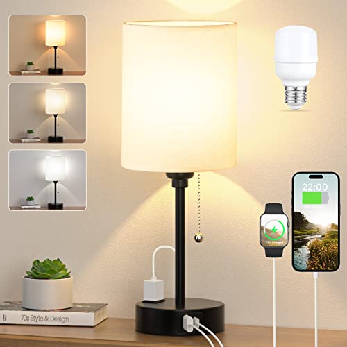 Small bedside table lamp with USB-C/A ports, pull chain and 3 color temperatures