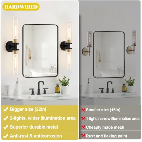 Set of 2 black and gold hardwired wall sconces for bathroom mirror decor