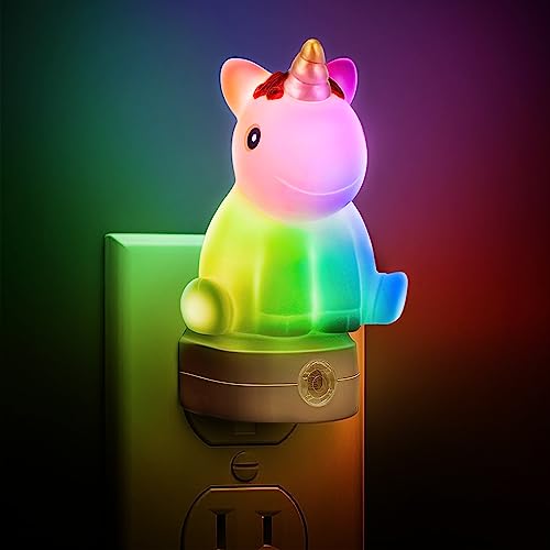Color-changing plug-in night light with dusk-to-dawn sensor for kids' rooms