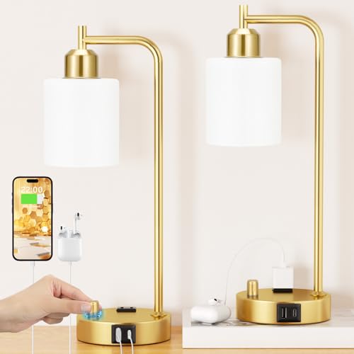 Dimmable industrial table lamp set with USB ports, gold finish, 2-pack