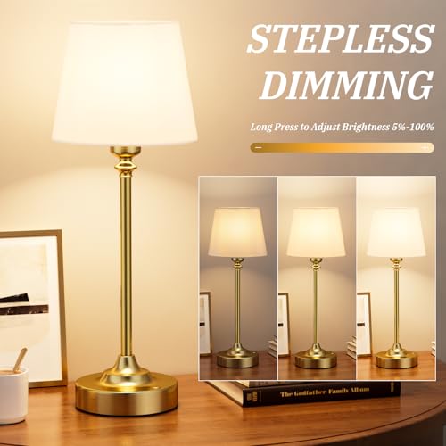 Cordless rechargeable brass table lamp, touch-control dimming