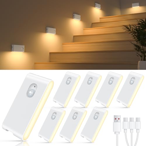 Wireless motion sensor night light 8-pack, rechargeable warm white stair lights