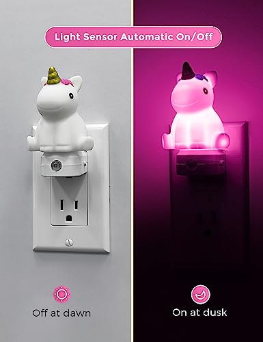 Color-changing plug-in night light with dusk-to-dawn sensor for kids' rooms