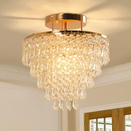 Gold Crystal 5-Tier Flush Mount Chandelier for Bedroom Decor