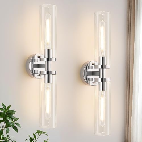 Set of 2 hardwired chrome wall sconces with clear glass decor