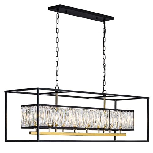 Large 8-Light Crystal Rectangle Chandelier, Black and Gold Decor