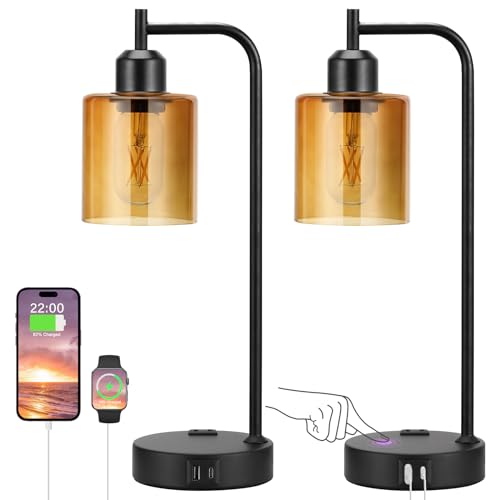 Industrial touch table lamp set of 2 with USB charging, amber glass
