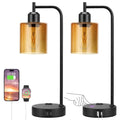 Industrial touch table lamp set of 2 with USB charging, amber glass