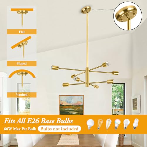Gold 8-Light Sputnik Chandelier, Mid-Century Fixture for Home Decor