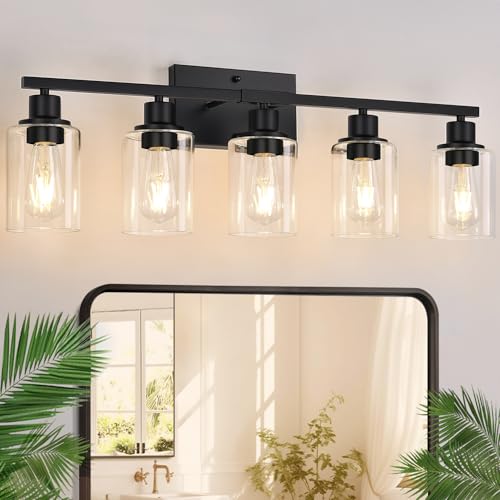 5-light matte black vanity sconce with glass shades for decor