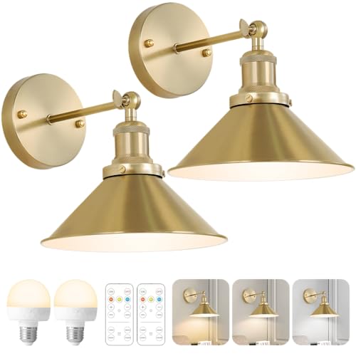 Gold vintage wireless wall sconces, set of 2, farmhouse decor