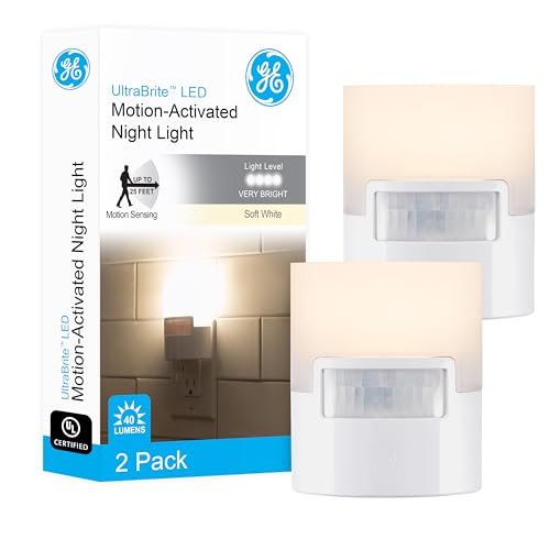 Plug-in LED motion sensor night light, soft white, UL-certified, 2-pack