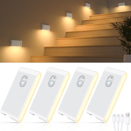 Motion sensor night light 4-pack, rechargeable lights for stairs
