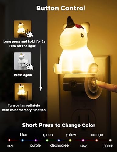Color-changing plug-in night light with dusk-to-dawn sensor for kids' rooms