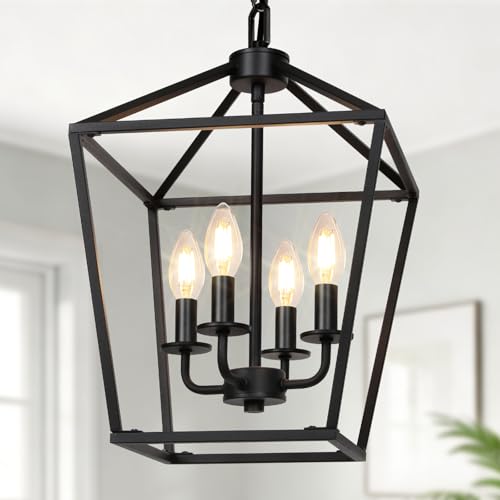 Black 4-Light Cage Lantern Chandelier, Farmhouse Decor for Entryway