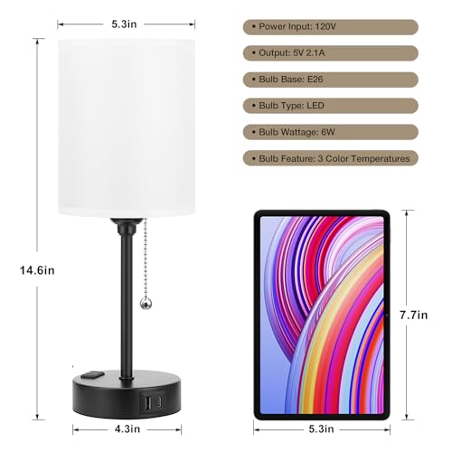 Small bedside table lamp with USB-C/A ports, pull chain and 3 color temperatures