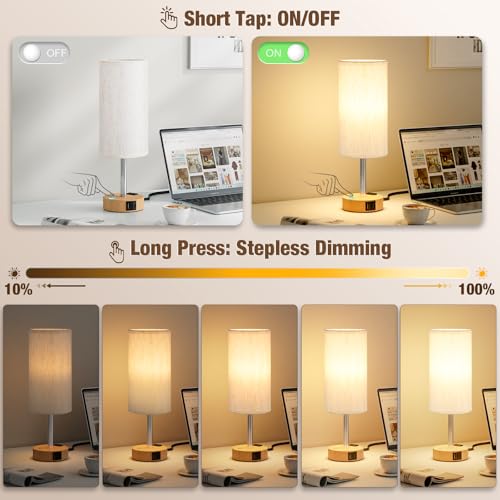 Touch control bedside table lamp with dual USB charging ports, wood