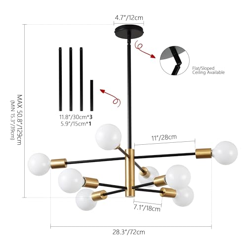 8-light Sputnik chandelier, height-adjustable black & gold ceiling decor