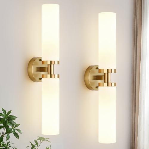 Set of 2 hardwired brushed gold wall sconces with milky glass decor