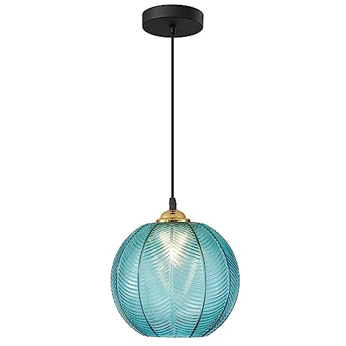 Blue Glass Globe Pendant Light, Black Round Fixture for Kitchen Decor